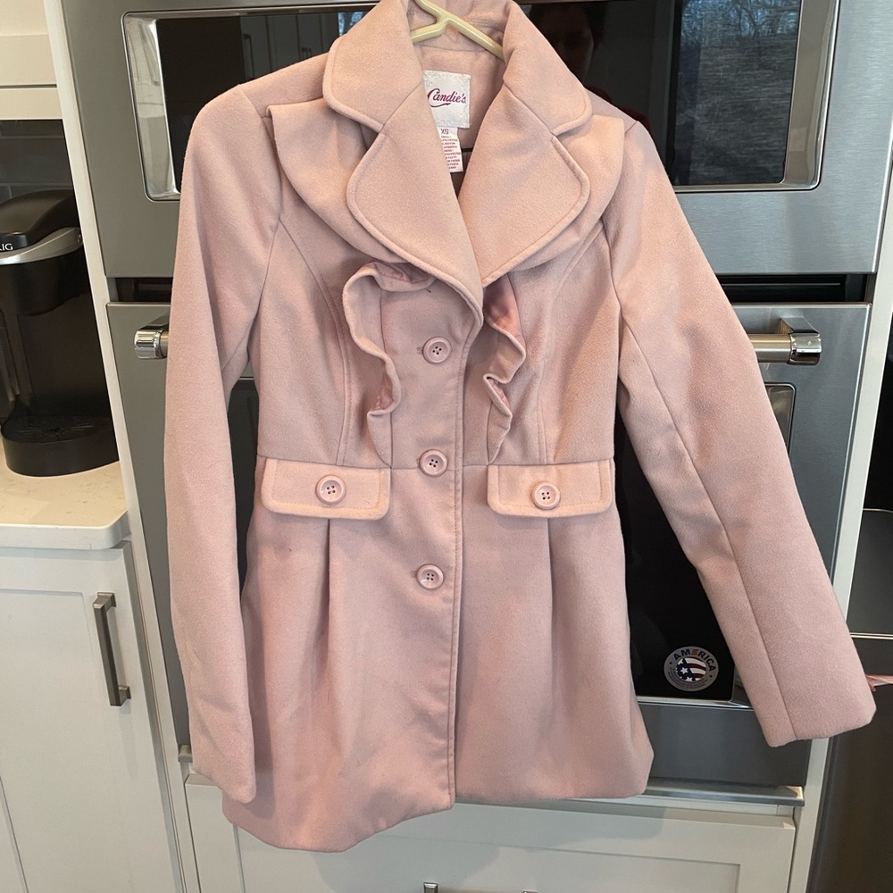 Xsmall light pink blush pink candies pea coat with ruffles babydoll pea coat